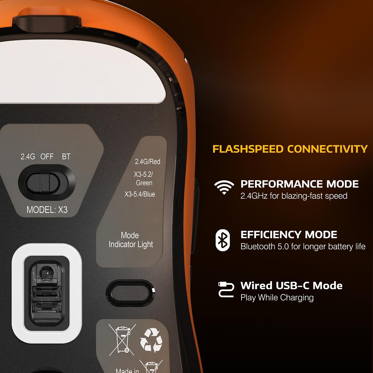MOUSE GAMER ATTACK SHARK X3 INALÁMBRICO LIGERO 26000 DPI NARANJA - 4