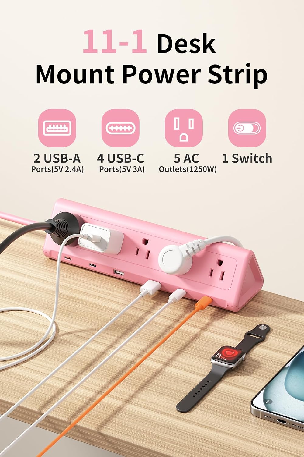 REGLETA CON ABRAZADERA ANNTANE USB-C 40W 2 M ROSA - 3