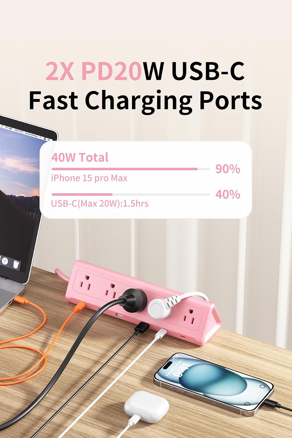 REGLETA CON ABRAZADERA ANNTANE USB-C 40W 2 M ROSA - 4