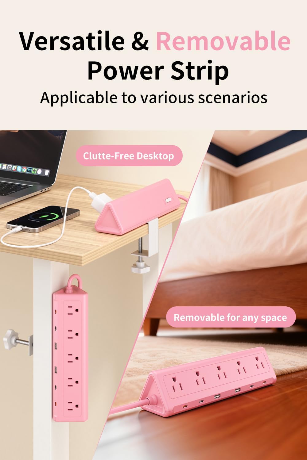 REGLETA CON ABRAZADERA ANNTANE USB-C 40W 2 M ROSA - 5