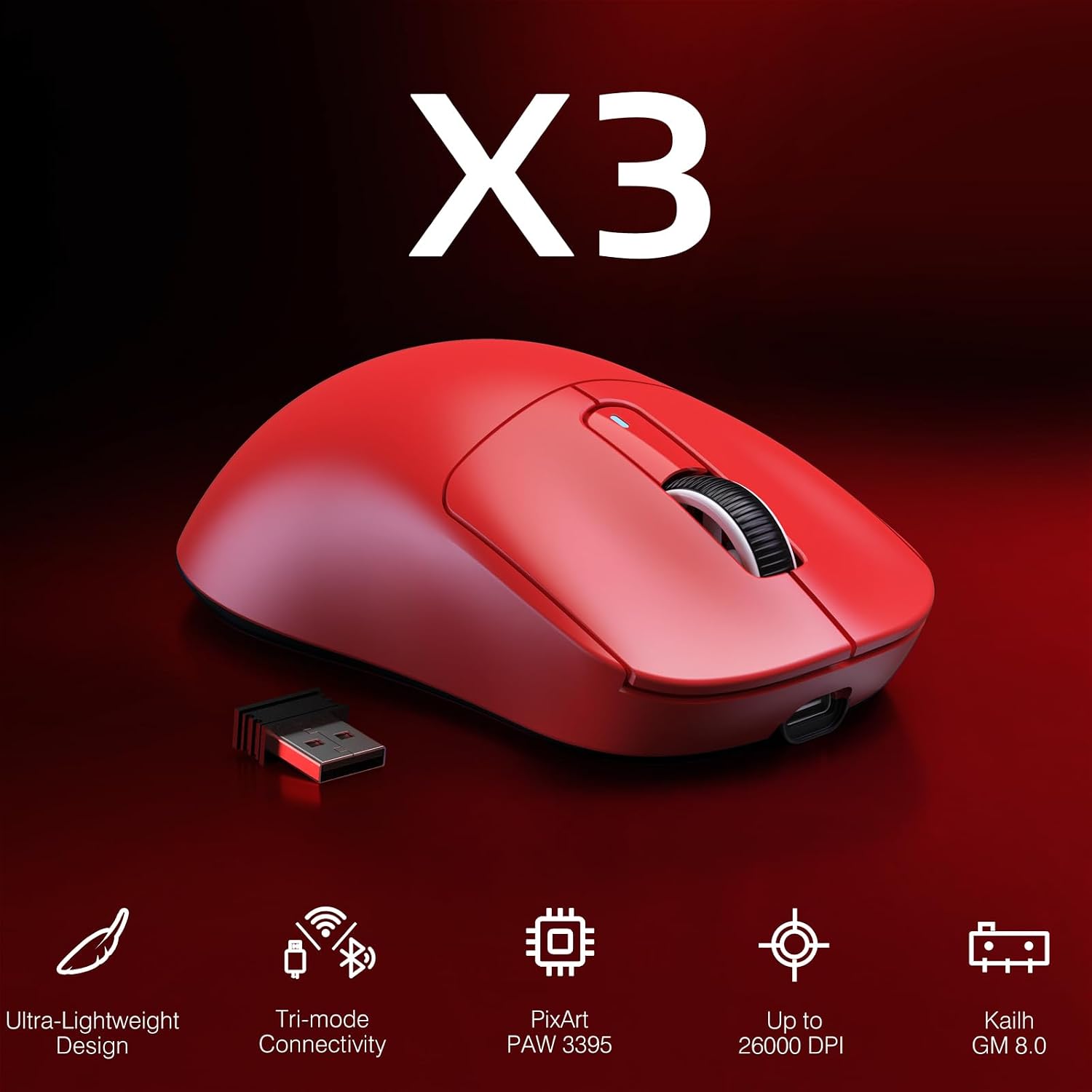 MOUSE GAMER ATTACK SHARK X3 INALÁMBRICO ROJO 26K DPI - 2