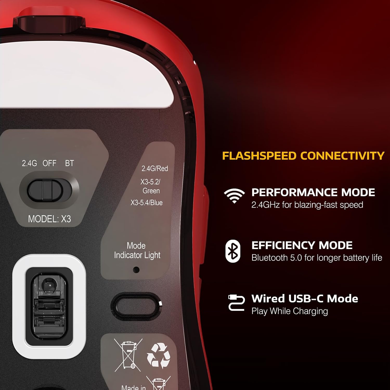 MOUSE GAMER ATTACK SHARK X3 INALÁMBRICO ROJO 26K DPI - 4
