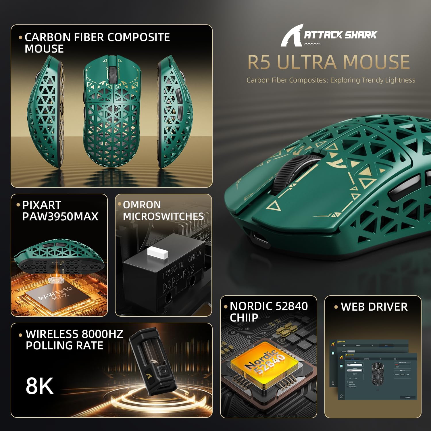 MOUSE GAMER ATTACK SHARK R5 ULTRA 8K FIBRA DE CARBONO INALÁMBRICO VERDE - 2