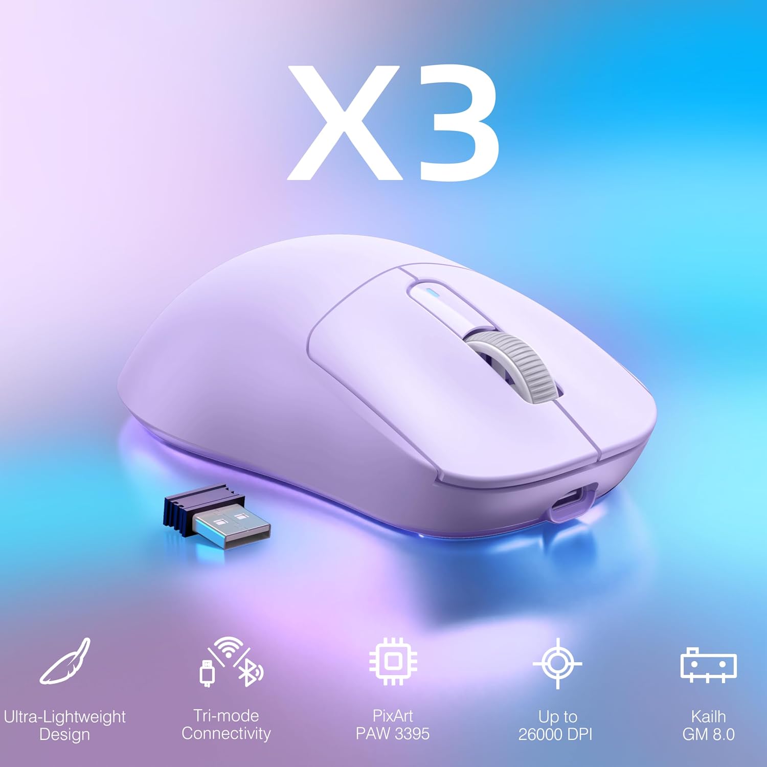 MOUSE GAMER ATTACK SHARK X3 INALÁMBRICO ULTRALIGERO 26K DPI MORADO - 2