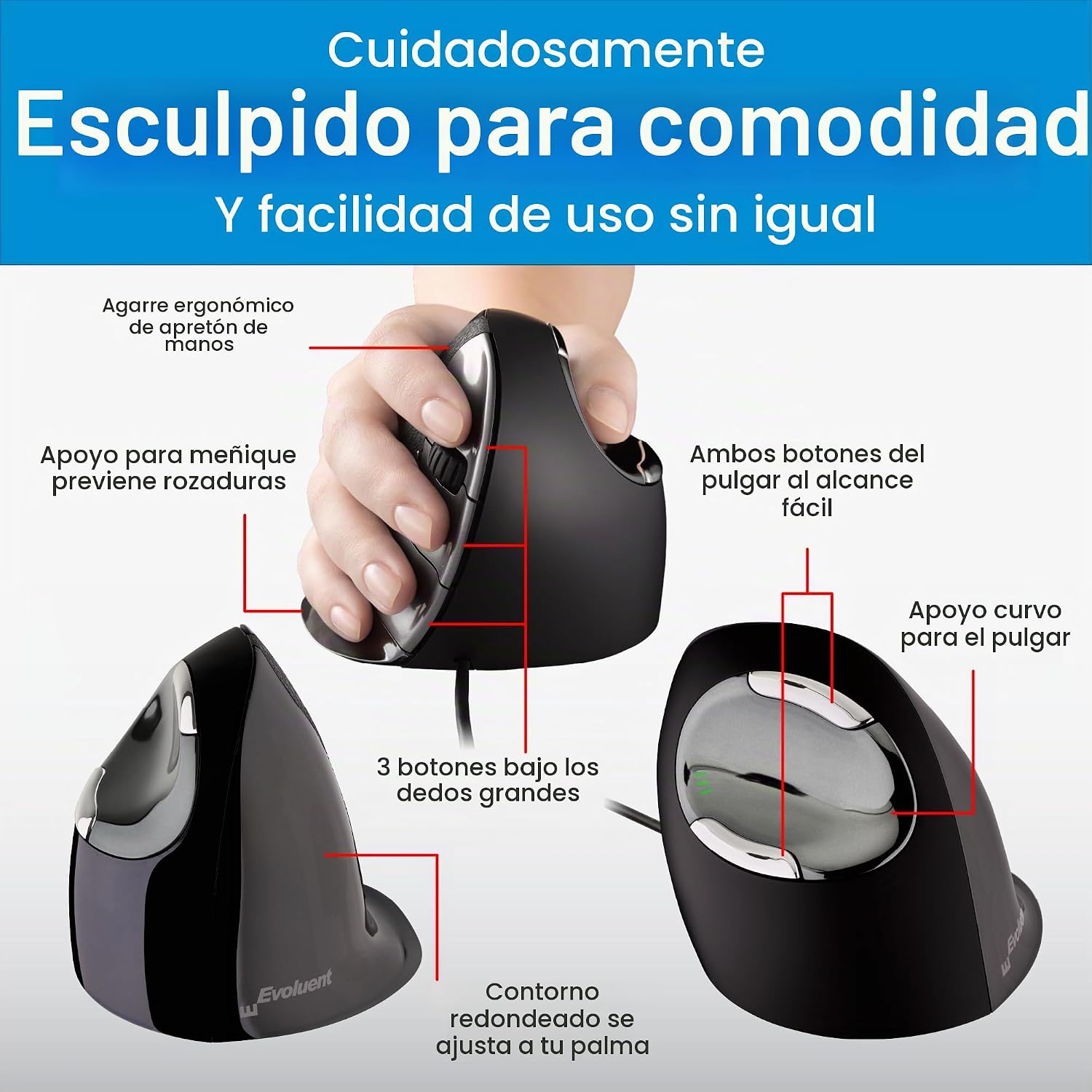 MOUSE ERGONÓMICO EVOLUENT VMDM VERTICAL MEDIUM USB CABLE DERECHO ROJO - 5