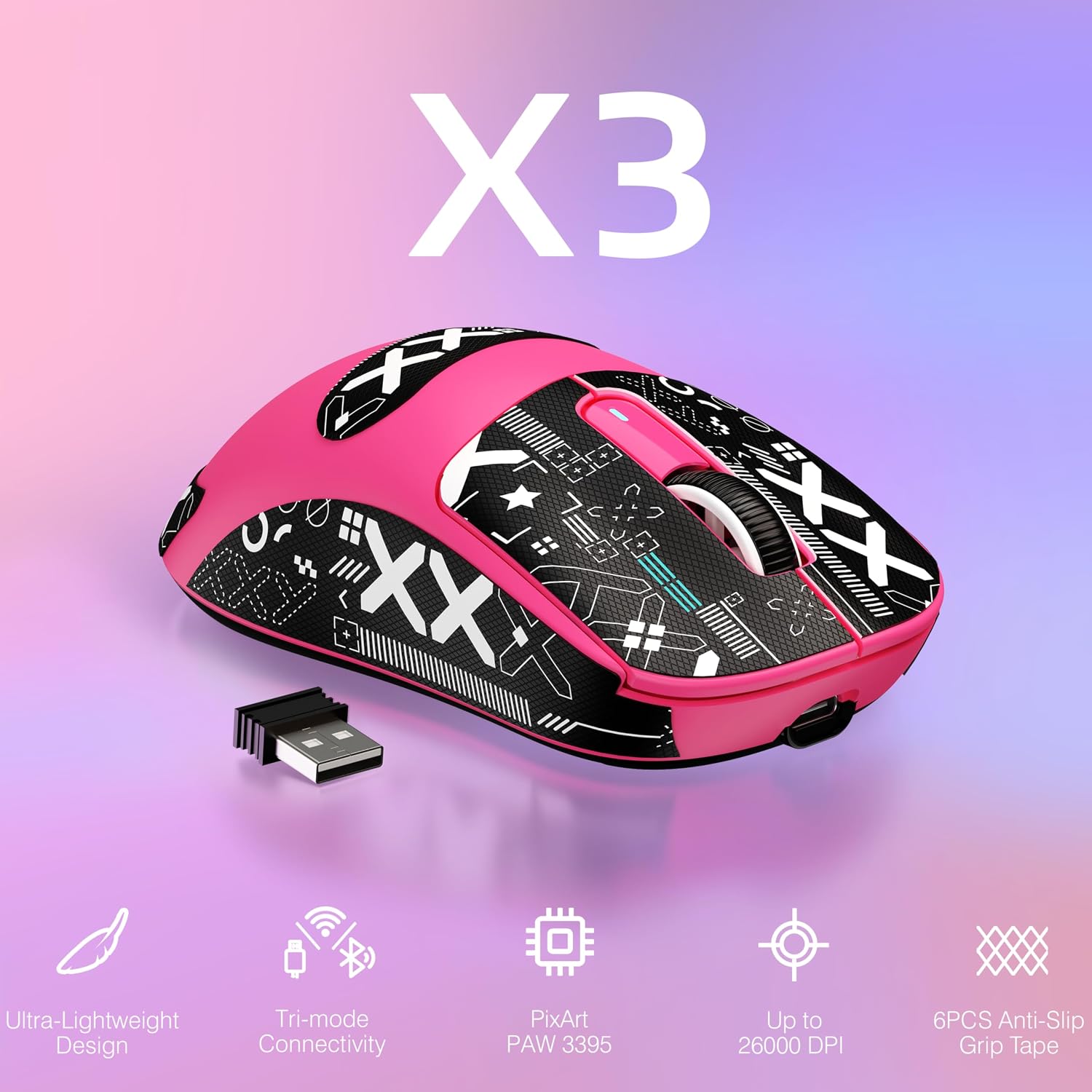 MOUSE INALÁMBRICO MANBASNAKE ATTACK SHARK X3 49G BERRY Y TAPE - 2