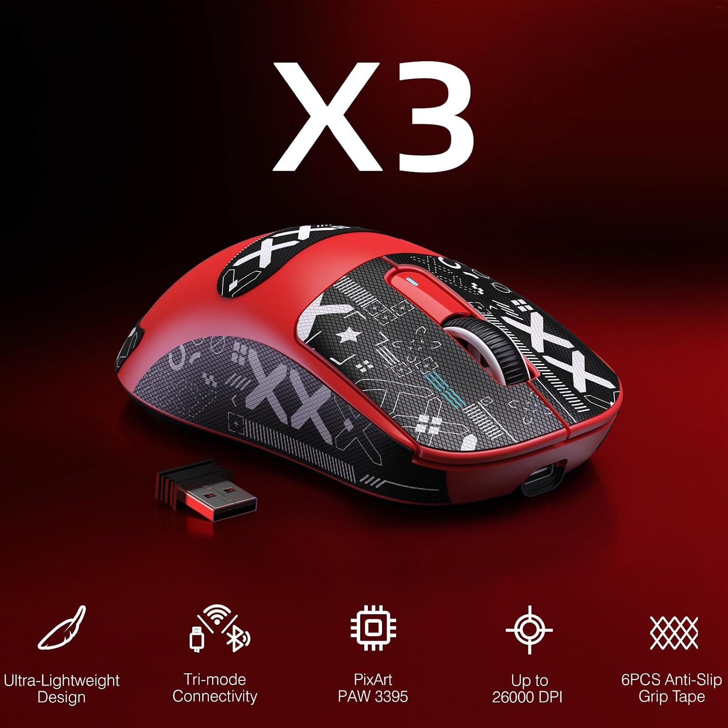MOUSE GAMER MANBASNAKE ATTACK SHARK X3 49G INALÁMBRICO ROJO - 2