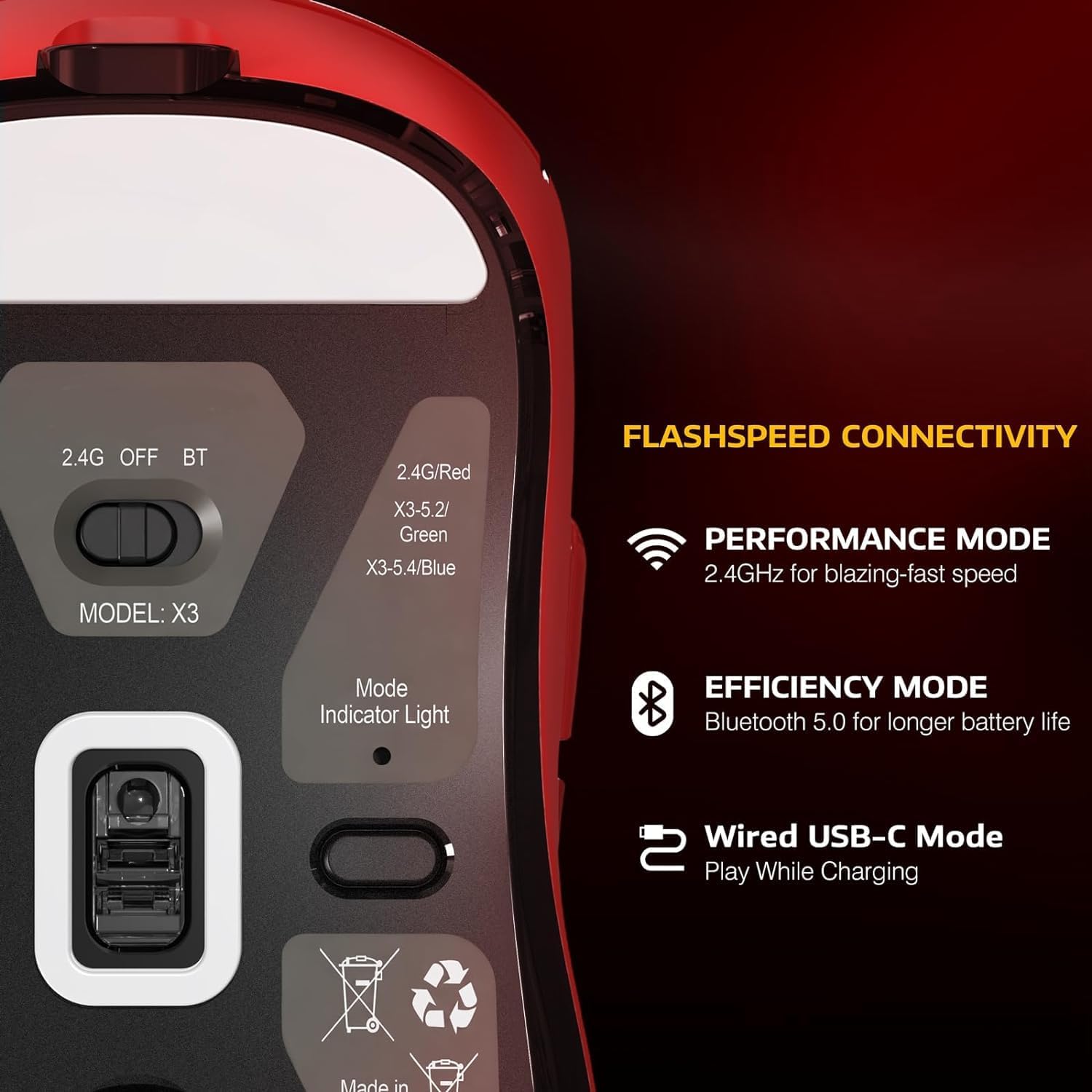 MOUSE GAMER MANBASNAKE ATTACK SHARK X3 49G INALÁMBRICO ROJO - 5