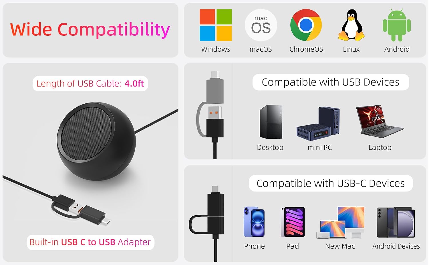 PARLANTE DE COMPUTADORA XKX USB CON ADAPTADOR USB-C, 2.25 PULGADAS, SONIDO CLARO Y GRAVES PROFUNDOS - 4