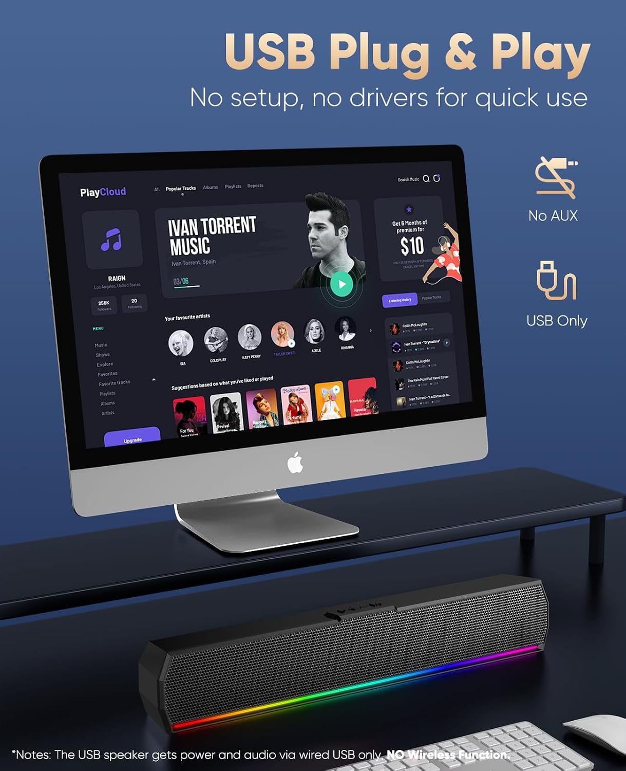 PARLANTES USB KUNODI G12 PARA PC CON LUCES DINÁMICAS Y CABLE EXTRA LARGO - 3