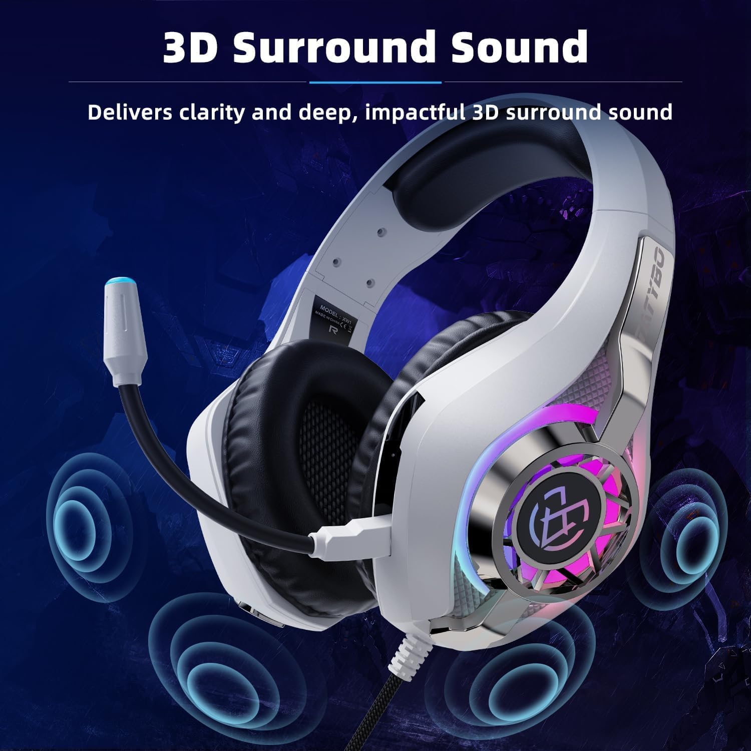 HEADSET GAMING TATYBO PARA PS5 Y PC CON MICRÓFONO CANCELADOR DE RUIDO RGB BLANCO - 2