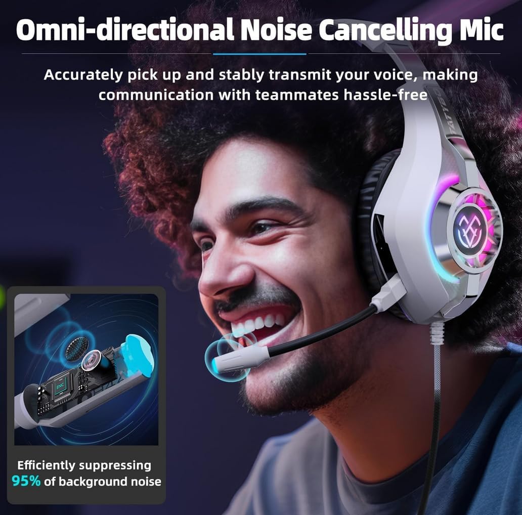 HEADSET GAMING TATYBO PARA PS5 Y PC CON MICRÓFONO CANCELADOR DE RUIDO RGB BLANCO - 5
