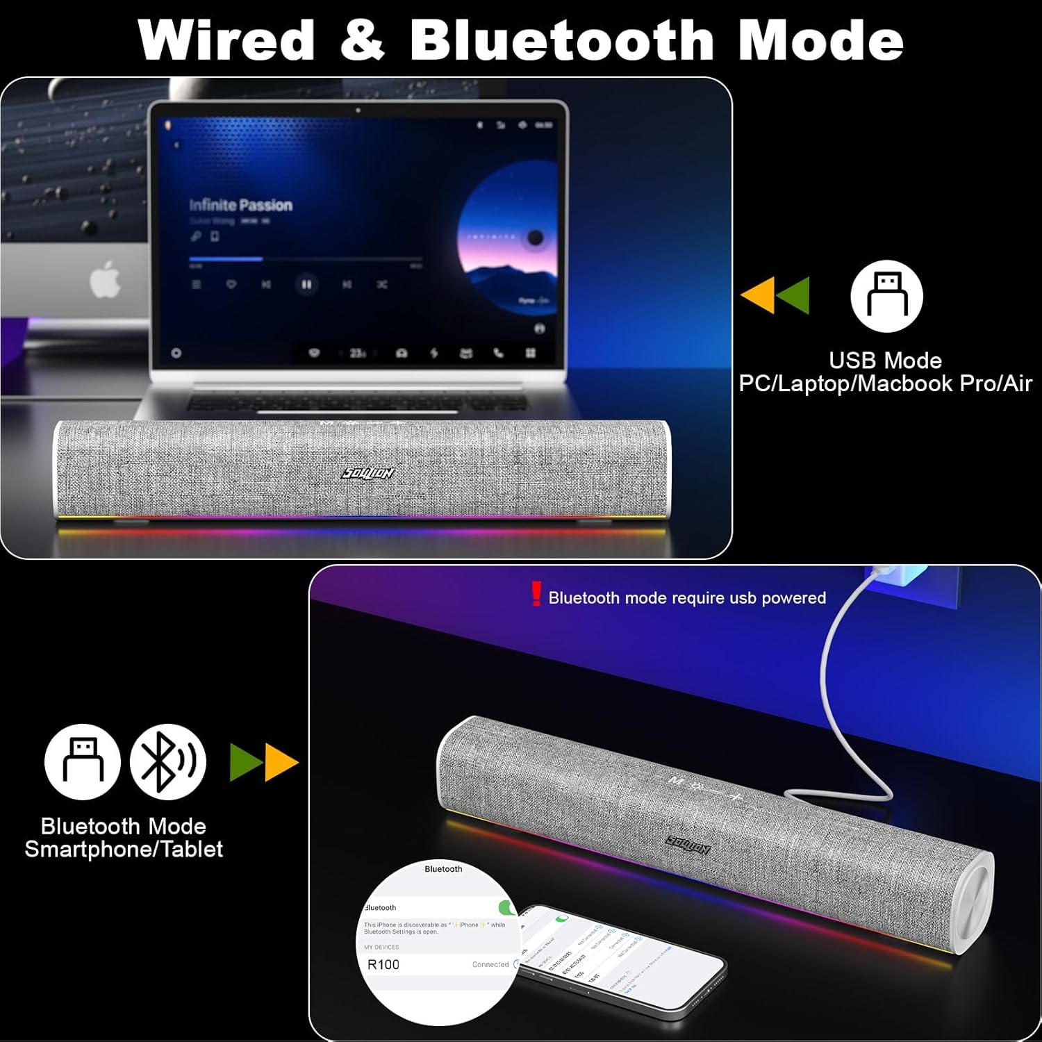 PARLANTES BLUETOOTH SOULION R50 PARA COMPUTADORA USB PLUG Y PLAY - 3