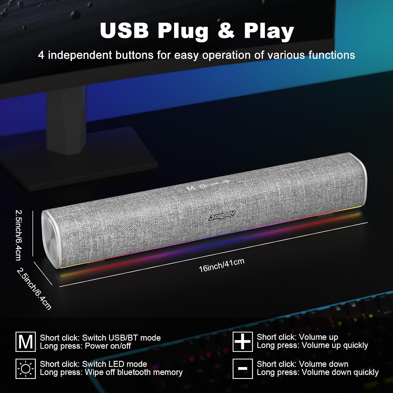 PARLANTES BLUETOOTH SOULION R50 PARA COMPUTADORA USB PLUG Y PLAY - 4