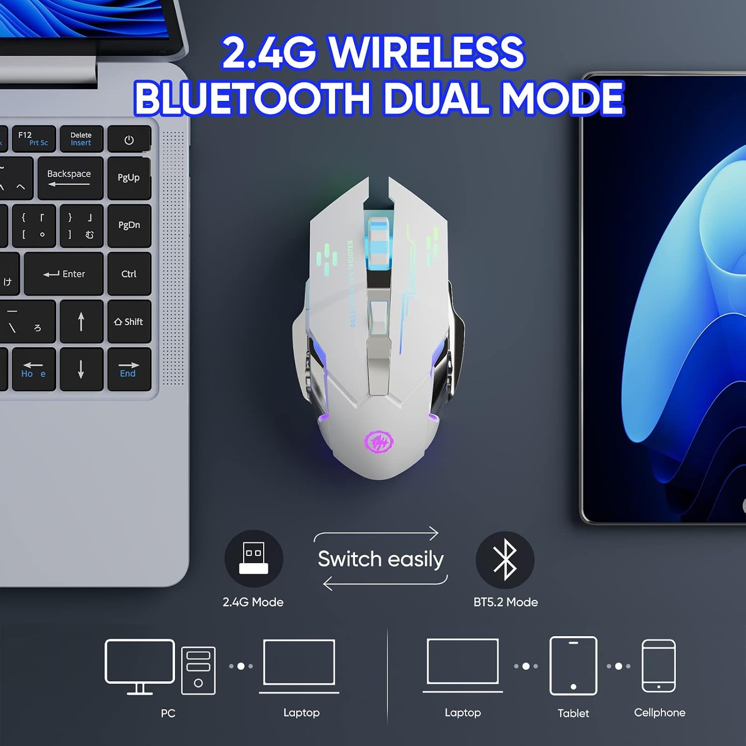 MOUSE GAMER MELOGAGA WIRELESS BLUETOOTH/2.4G RGB RECARGABLE BLANCO - 2