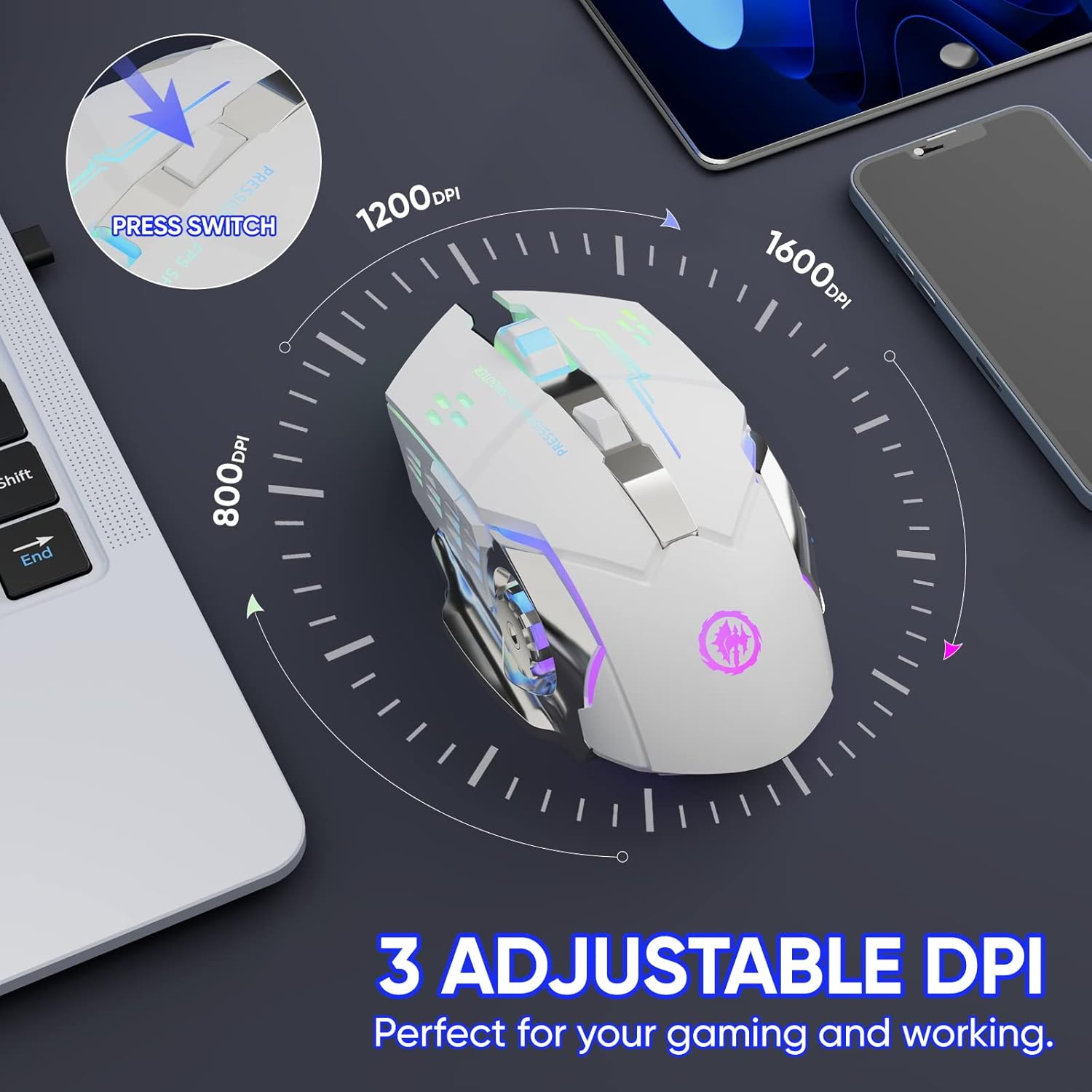 MOUSE GAMER MELOGAGA WIRELESS BLUETOOTH/2.4G RGB RECARGABLE BLANCO - 3