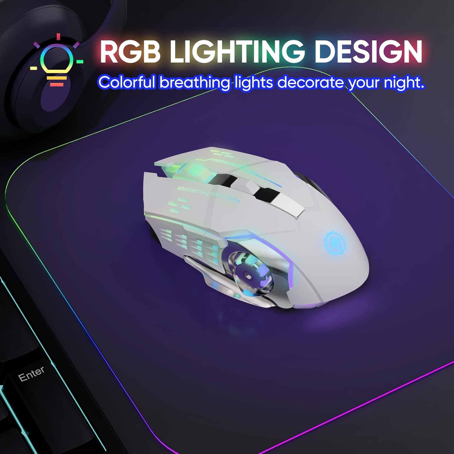 MOUSE GAMER MELOGAGA WIRELESS BLUETOOTH/2.4G RGB RECARGABLE BLANCO - 4