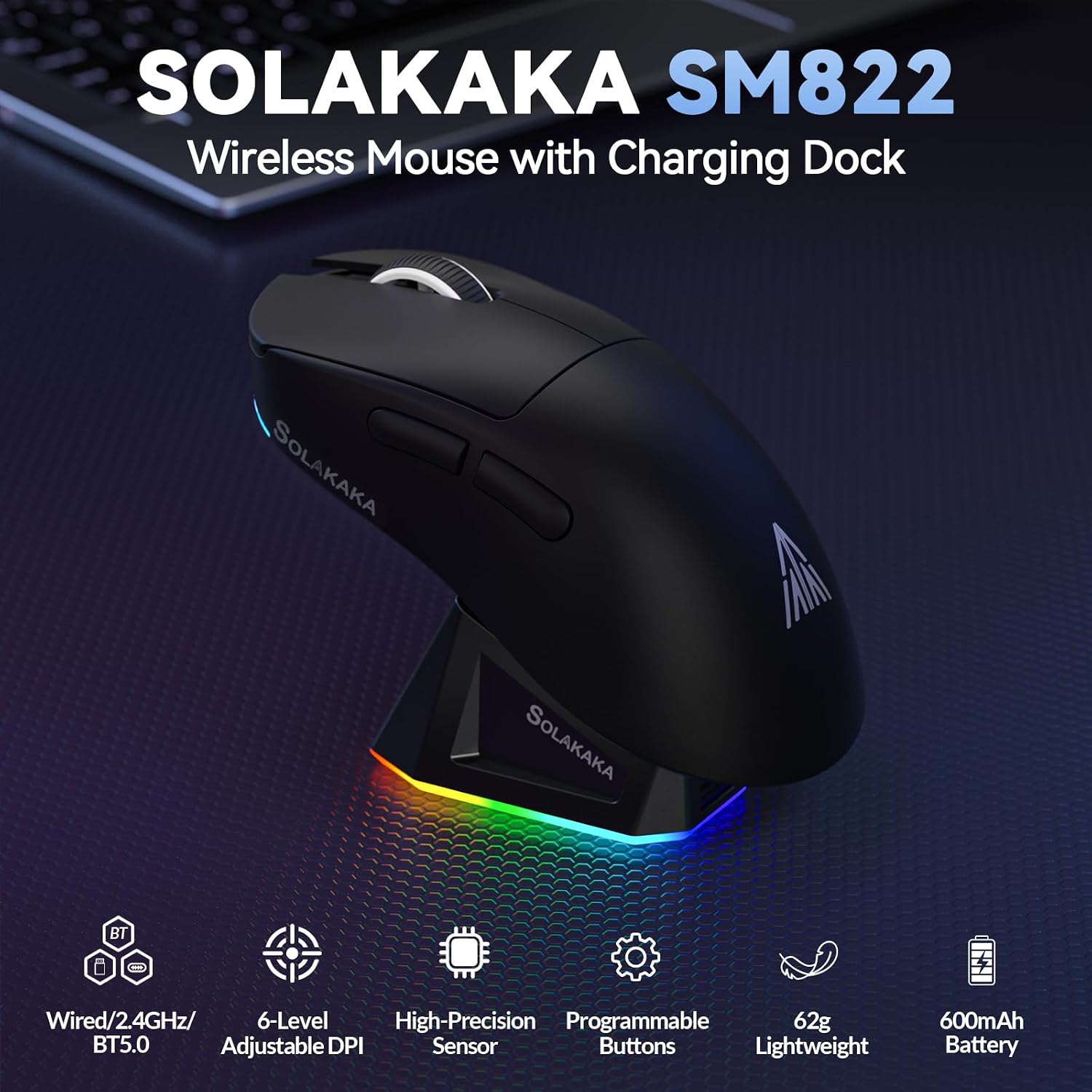 MOUSE GAMER SOLAKAKA SM822 INALÁMBRICO CON BASE DE CARGA, SENSOR PAW3311, HASTA 24,000 DPI, 62G, 5 BOTONES PROGRAMABLES, NEGRO - 2