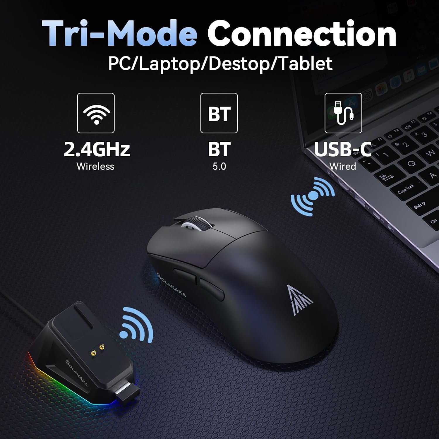 MOUSE GAMER SOLAKAKA SM822 INALÁMBRICO CON BASE DE CARGA, SENSOR PAW3311, HASTA 24,000 DPI, 62G, 5 BOTONES PROGRAMABLES, NEGRO - 3
