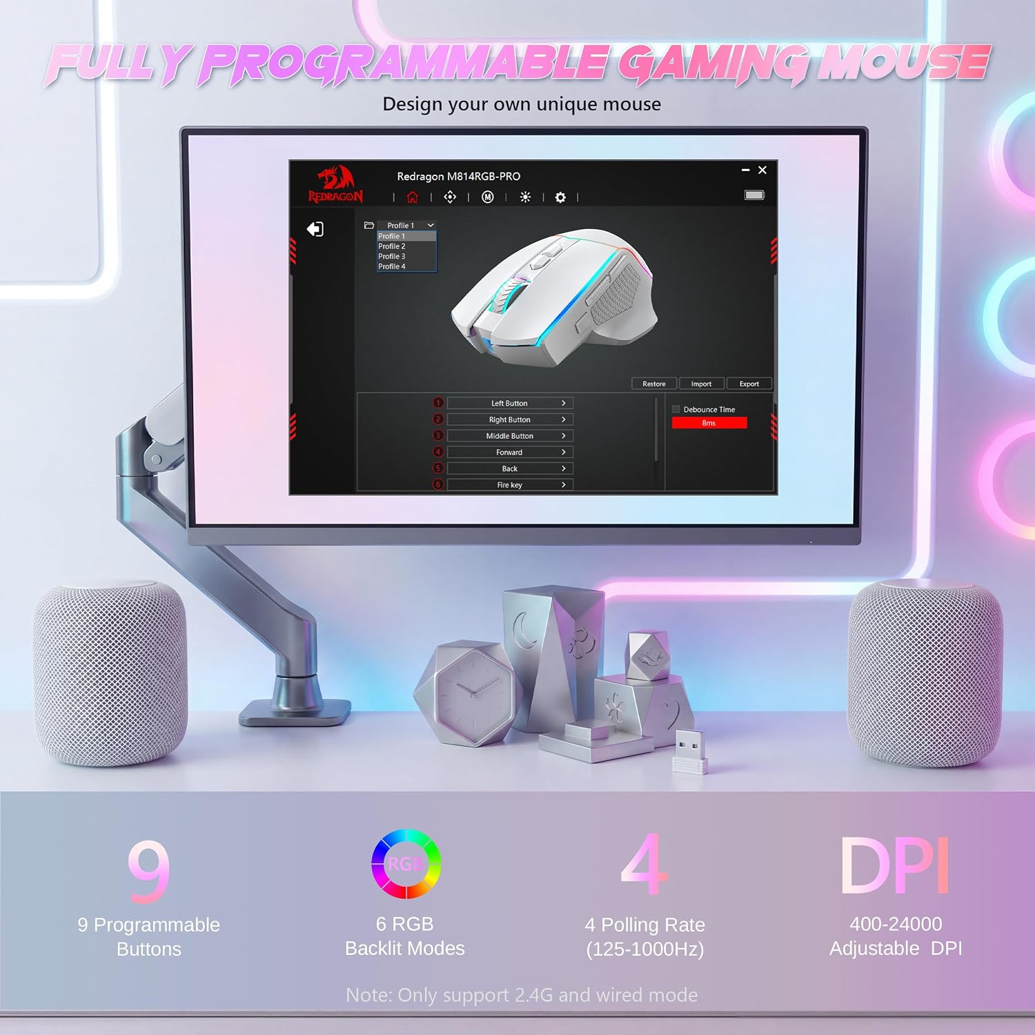 MOUSE GAMER REDRAGON M814W INALÁMBRICO TRI-MODE 24000 DPI RGB - 3