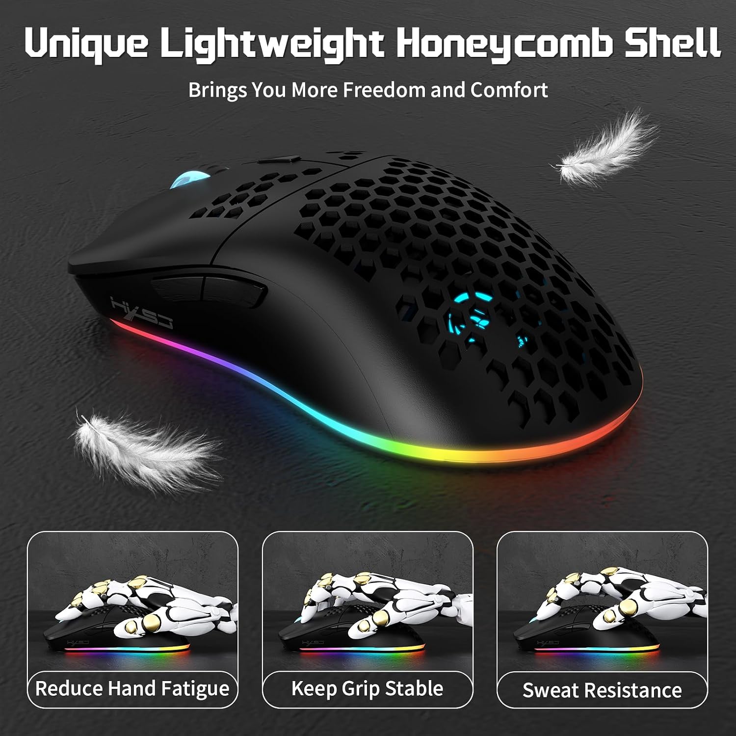 MOUSE GAMER FREEWOLF HXSJ T66 TRI-MODE SUPERLIGERO HONEYCOMB NEGRO - 5