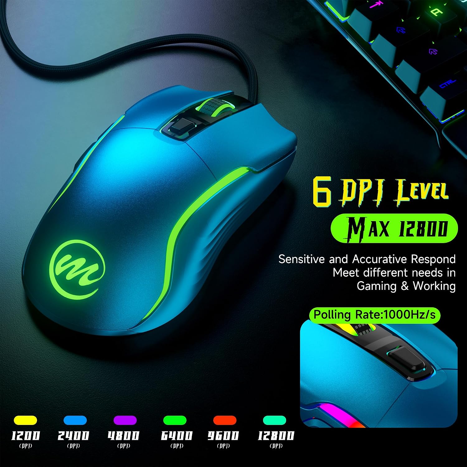 MOUSE GAMER MEMZUOIX CON CABLE RGB 6 DPI AJUSTABLES HASTA 12800 AZUL - 2