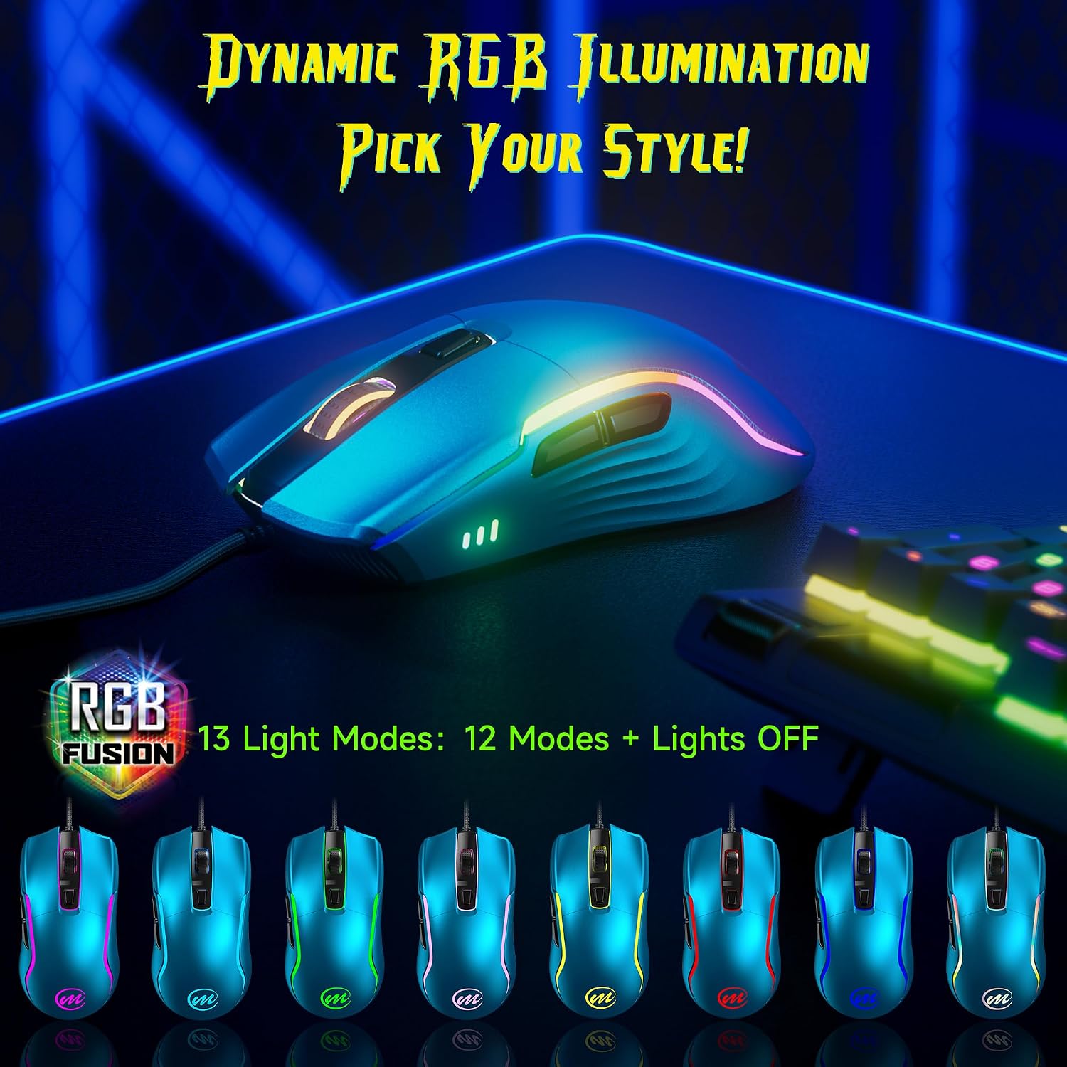 MOUSE GAMER MEMZUOIX CON CABLE RGB 6 DPI AJUSTABLES HASTA 12800 AZUL - 3