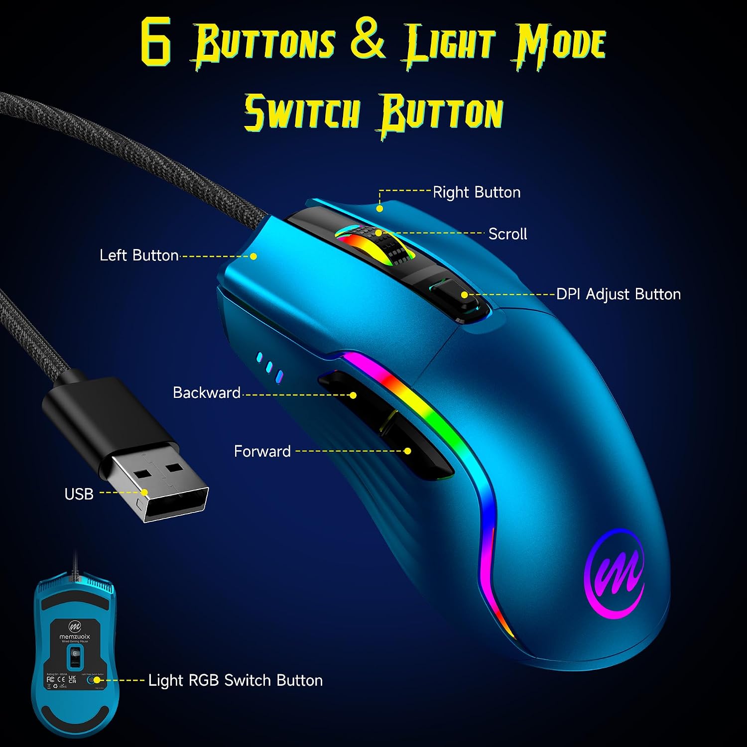 MOUSE GAMER MEMZUOIX CON CABLE RGB 6 DPI AJUSTABLES HASTA 12800 AZUL - 4