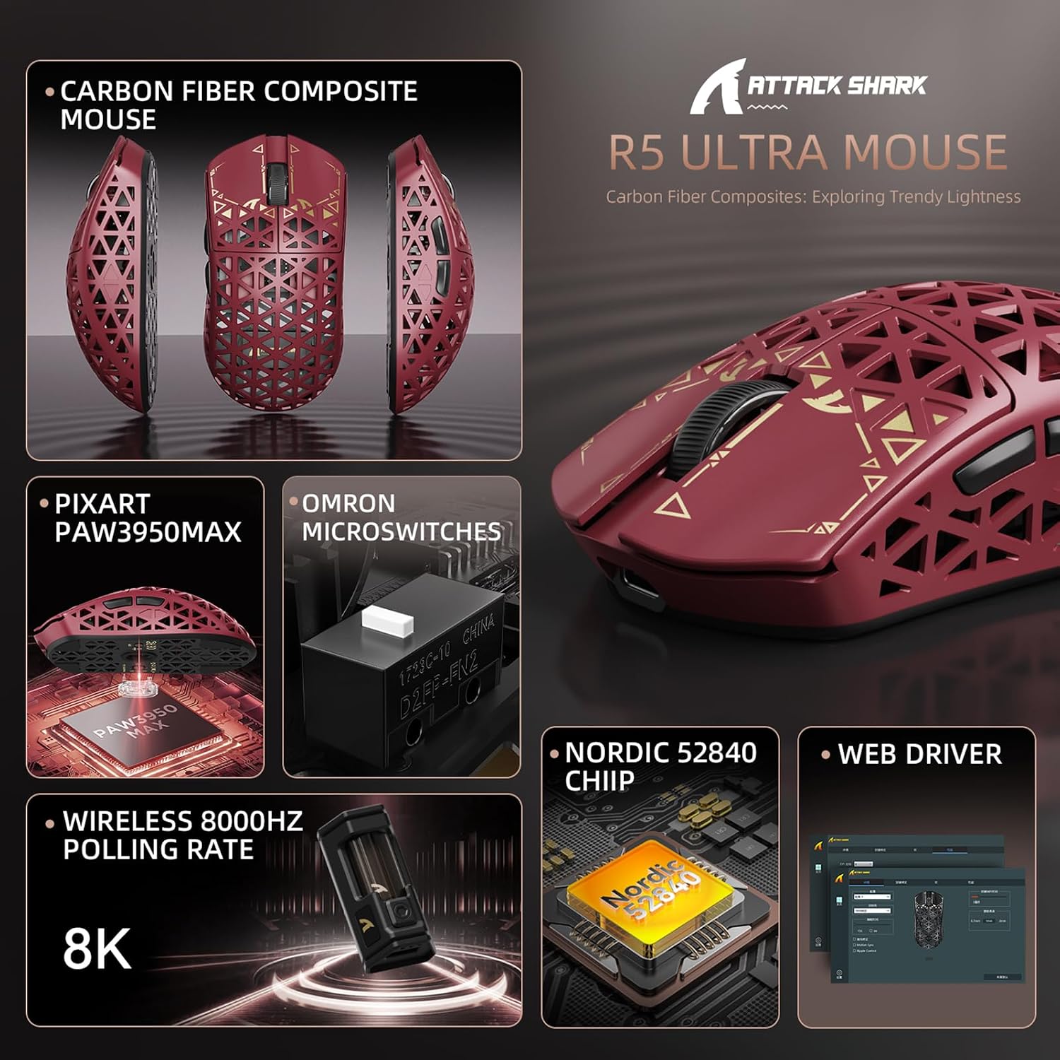 MOUSE GAMER ATTACK SHARK R5 ULTRA 8K FIBRA DE CARBONO INALÁMBRICO ROJO - 2