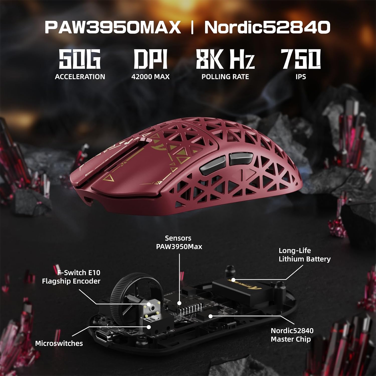 MOUSE GAMER ATTACK SHARK R5 ULTRA 8K FIBRA DE CARBONO INALÁMBRICO ROJO - 5