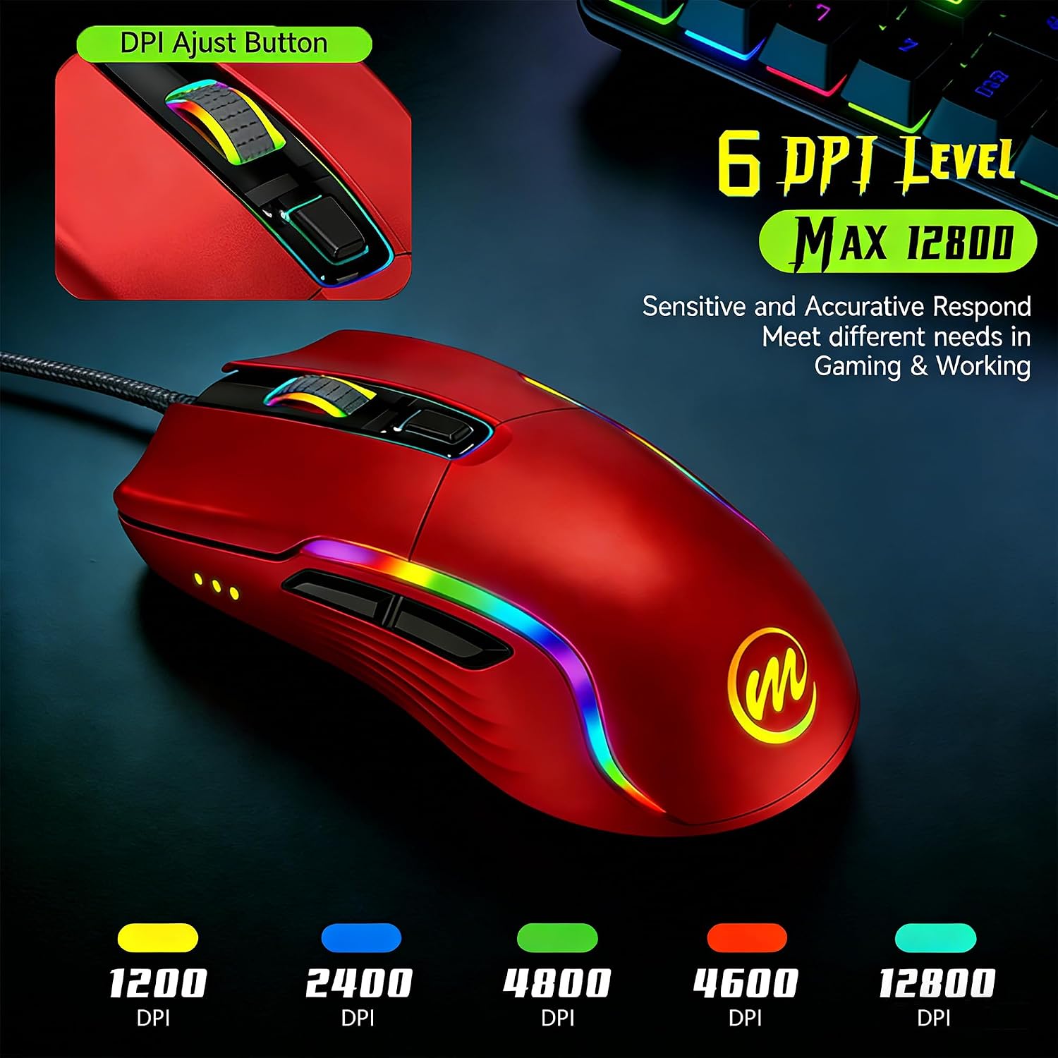 MOUSE GAMER MEMZUOIX CON CABLE RGB 6 DPI AJUSTABLES HASTA 12800 6 BOTONES ROJO - 2