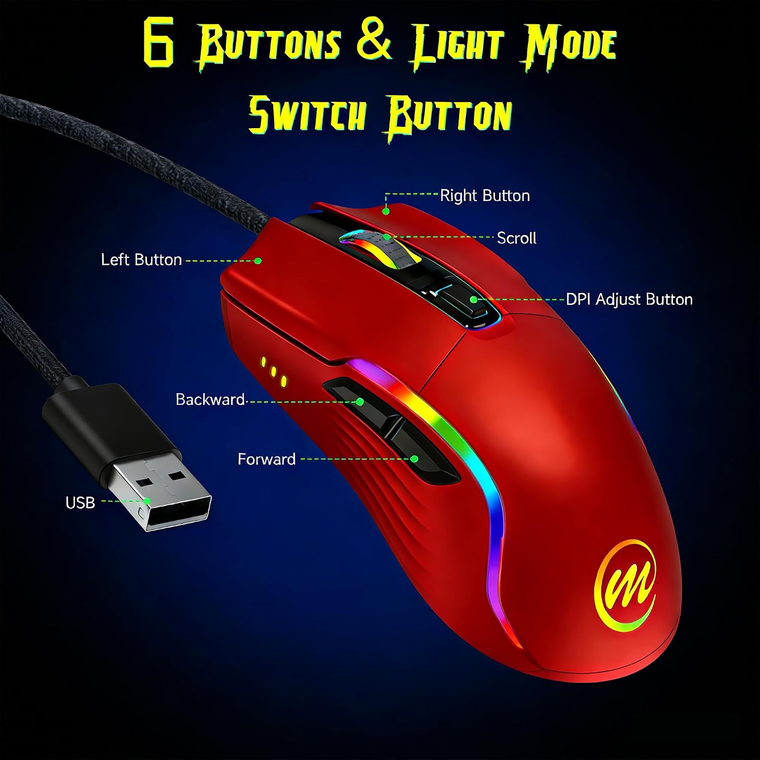 MOUSE GAMER MEMZUOIX CON CABLE RGB 6 DPI AJUSTABLES HASTA 12800 6 BOTONES ROJO - 3