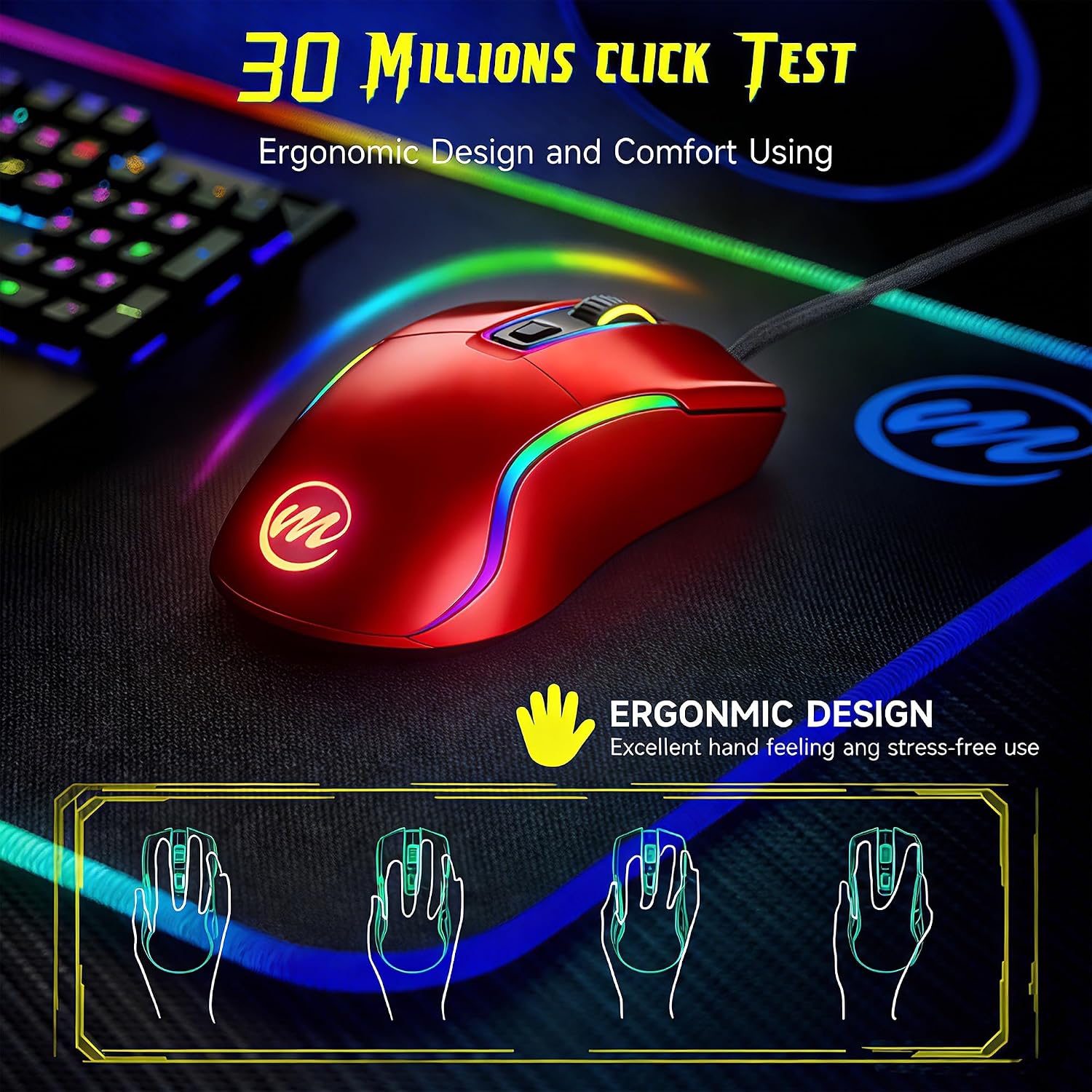 MOUSE GAMER MEMZUOIX CON CABLE RGB 6 DPI AJUSTABLES HASTA 12800 6 BOTONES ROJO - 4