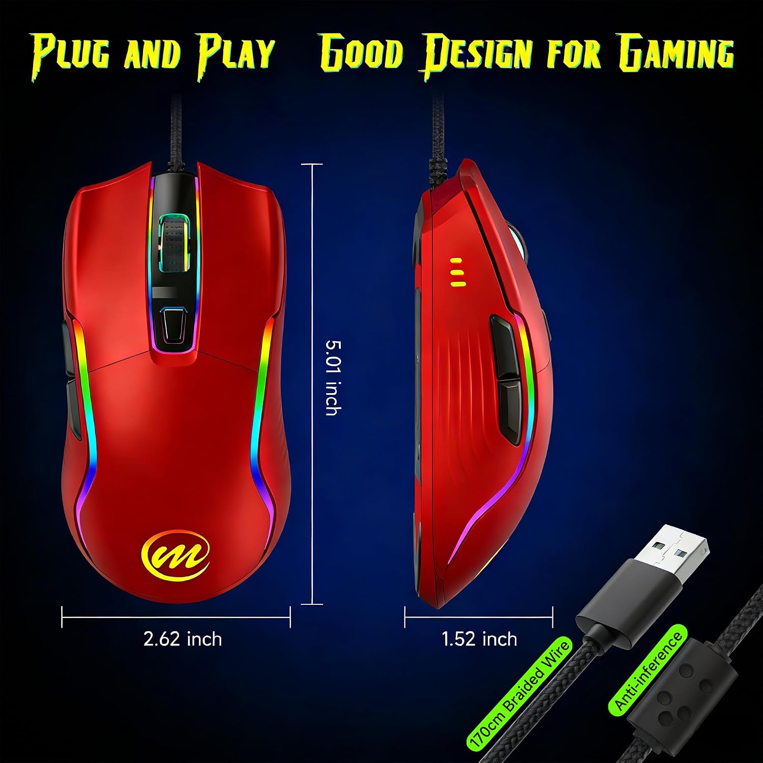 MOUSE GAMER MEMZUOIX CON CABLE RGB 6 DPI AJUSTABLES HASTA 12800 6 BOTONES ROJO - 5
