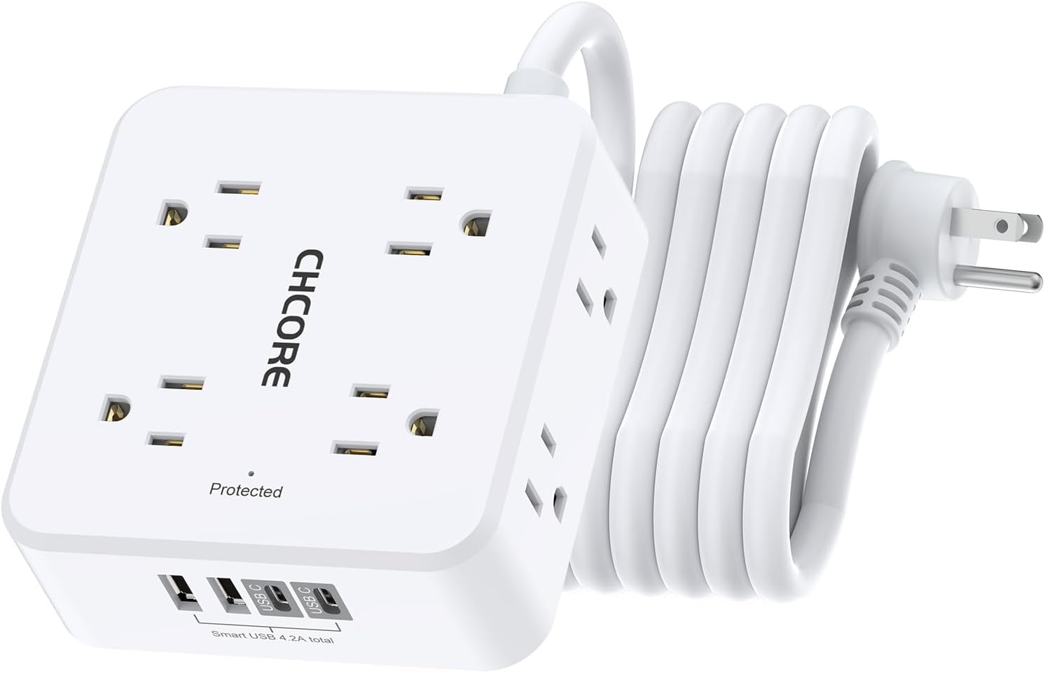 REGLETA CON PROTECTOR DE SOBRETENSIÓN CHCORE 10 PIES 8 TOMAS 4 PUERTOS USB BLANCA - 1