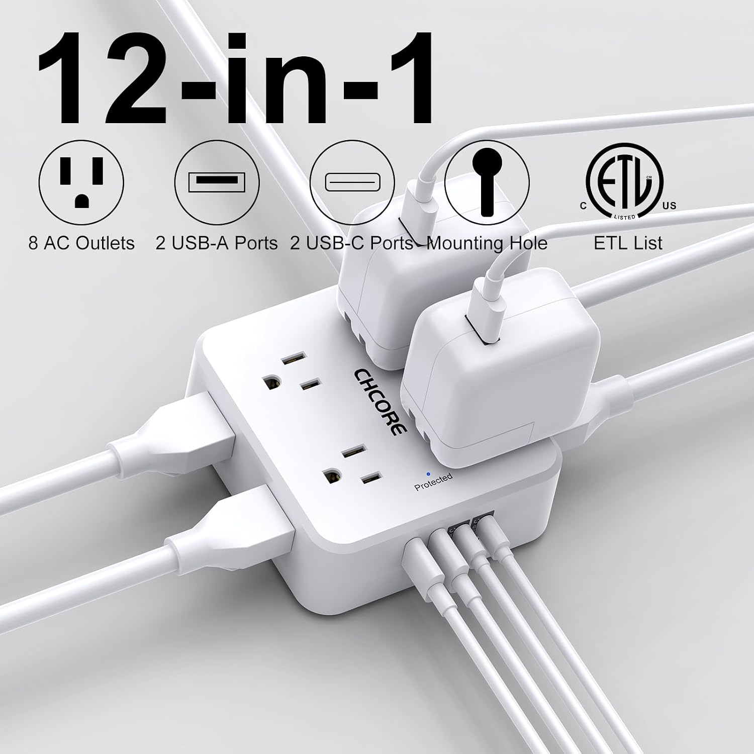 REGLETA CON PROTECTOR DE SOBRETENSIÓN CHCORE 10 PIES 8 TOMAS 4 PUERTOS USB BLANCA - 2