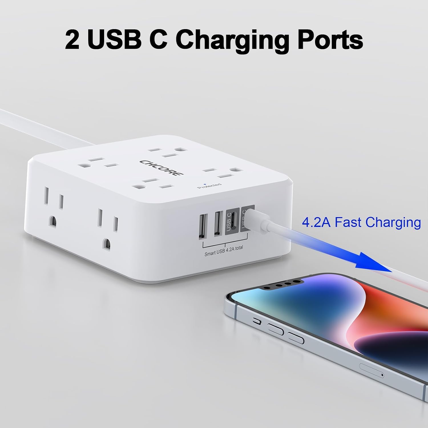 REGLETA CON PROTECTOR DE SOBRETENSIÓN CHCORE 10 PIES 8 TOMAS 4 PUERTOS USB BLANCA - 3