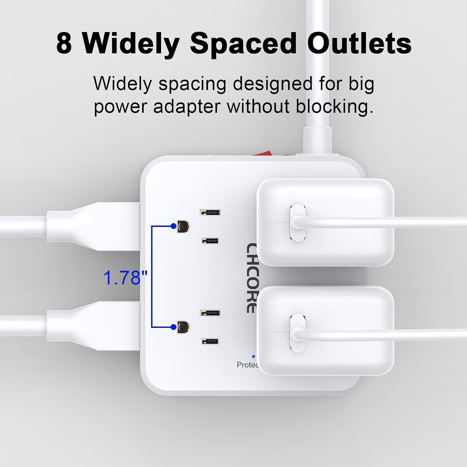 REGLETA CON PROTECTOR DE SOBRETENSIÓN CHCORE 10 PIES 8 TOMAS 4 PUERTOS USB BLANCA - 4