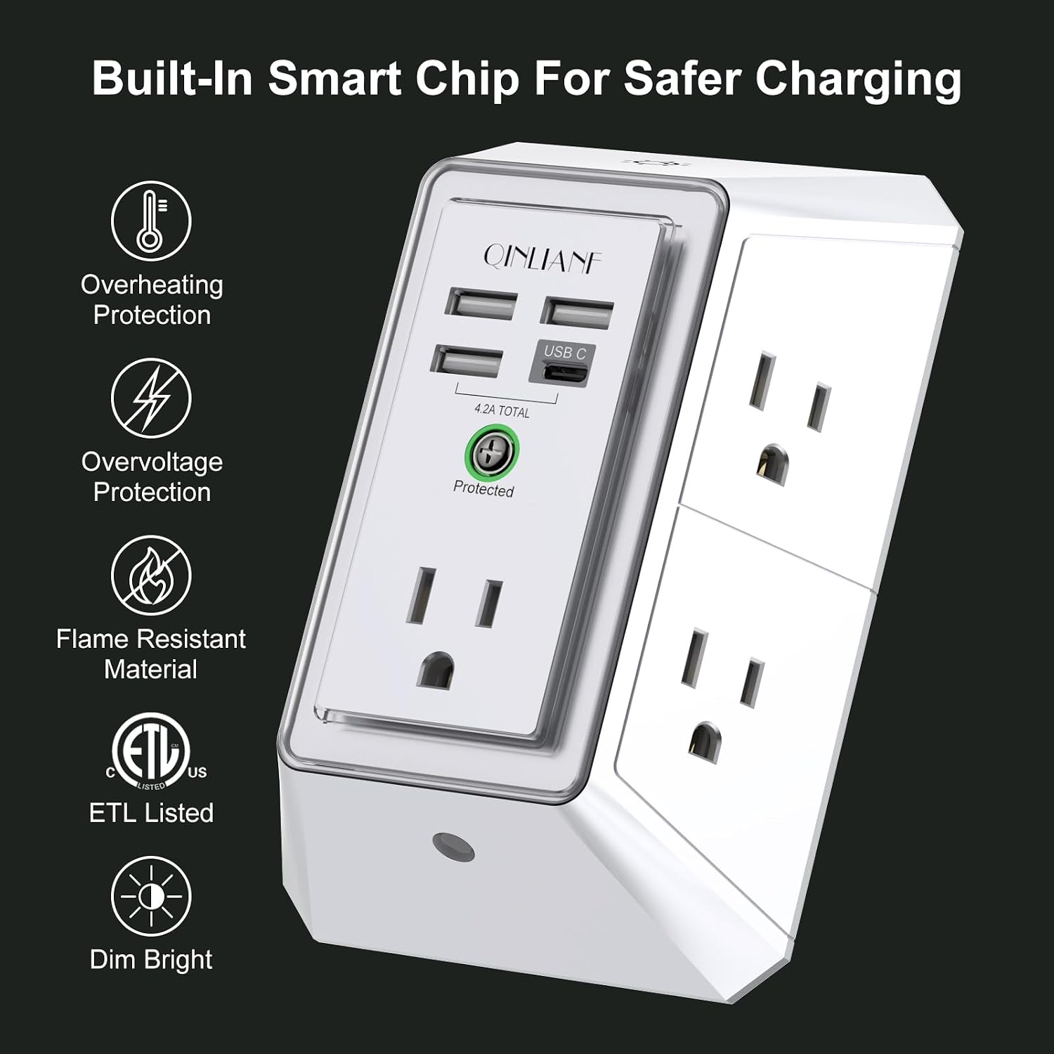EXTENSIÓN ELÉCTRICA QINLIANF 5 TOMAS CON 4 PUERTOS USB Y PROTECTOR DE SOBRETENSIÓN - 2