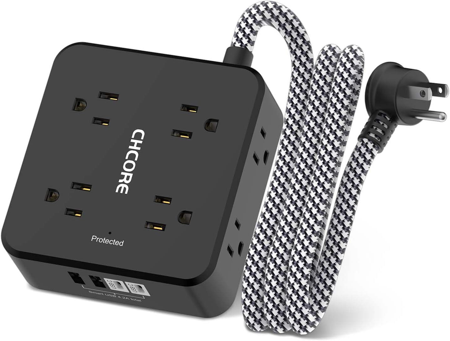 REGLETA CON PROTECTOR DE SOBRETENSIÓN CHCORE 5 PIES 8 TOMACORRIENTES 4 PUERTOS USB NEGRO - 1