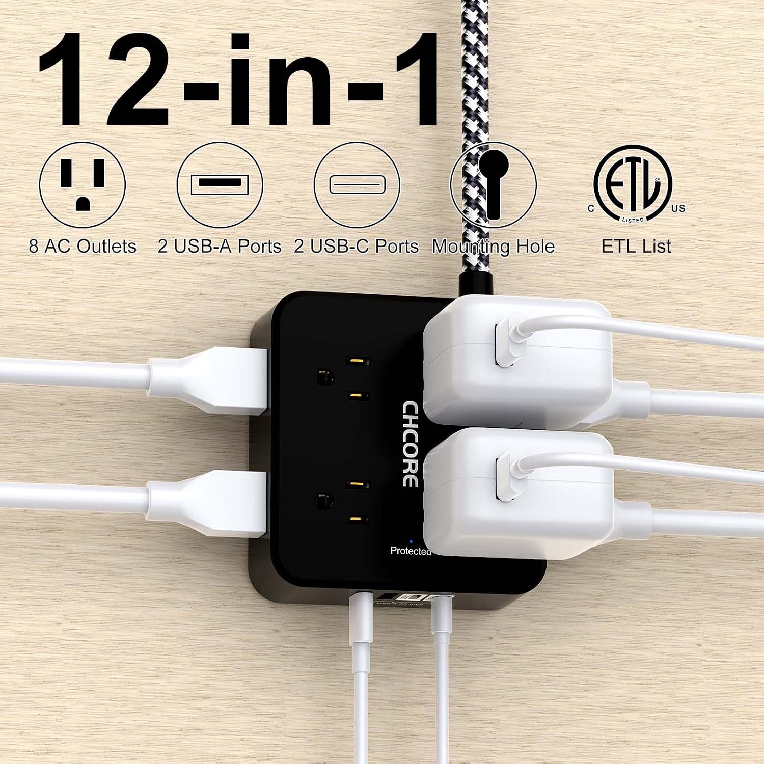 REGLETA CON PROTECTOR DE SOBRETENSIÓN CHCORE 5 PIES 8 TOMACORRIENTES 4 PUERTOS USB NEGRO - 2