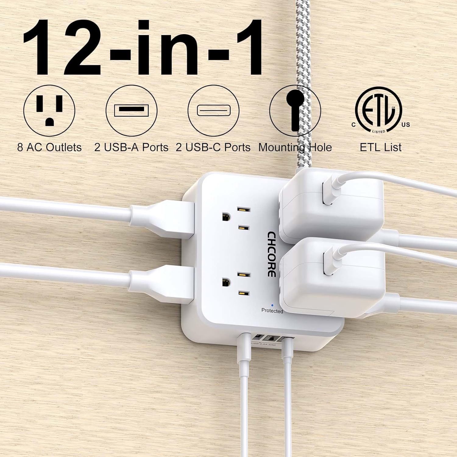 REGLETA CON PROTECTOR DE SOBRETENSIÓN CHCORE 6 PIES 8 TOMAS 4 PUERTOS USB BLANCA - 2
