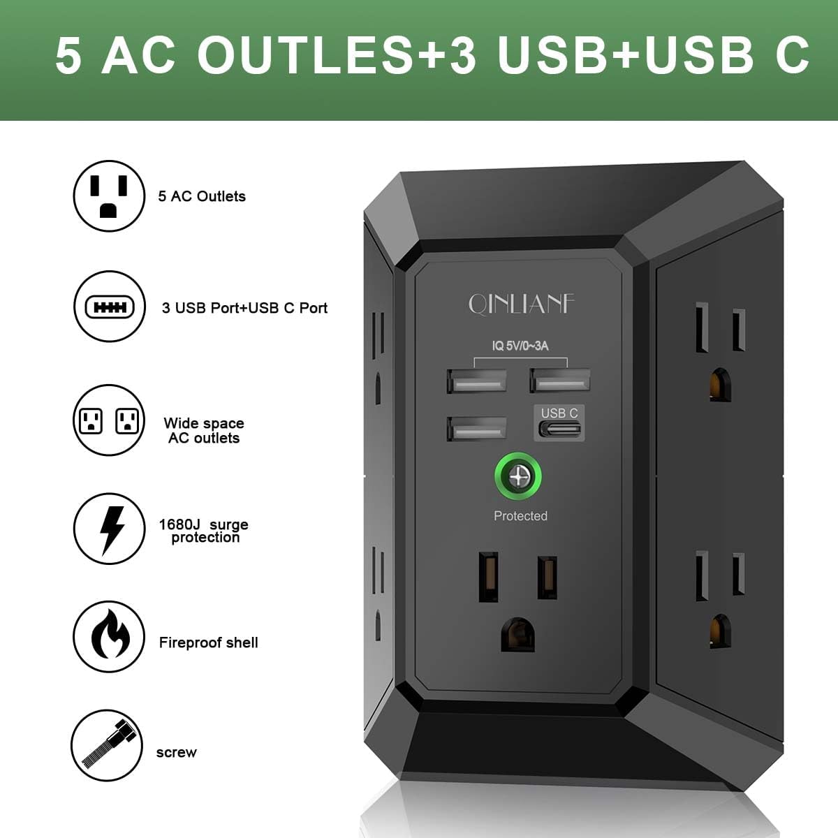 PROTECTOR DE SOBRETENSIÓN QINLIANF CON 5 TOMACORRIENTES Y 4 PUERTOS USB - 2