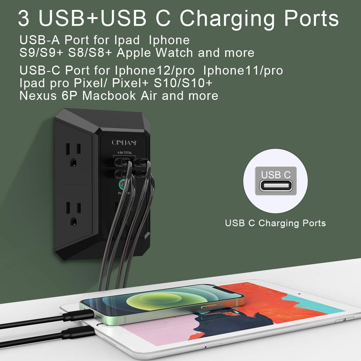 PROTECTOR DE SOBRETENSIÓN QINLIANF CON 5 TOMACORRIENTES Y 4 PUERTOS USB - 5