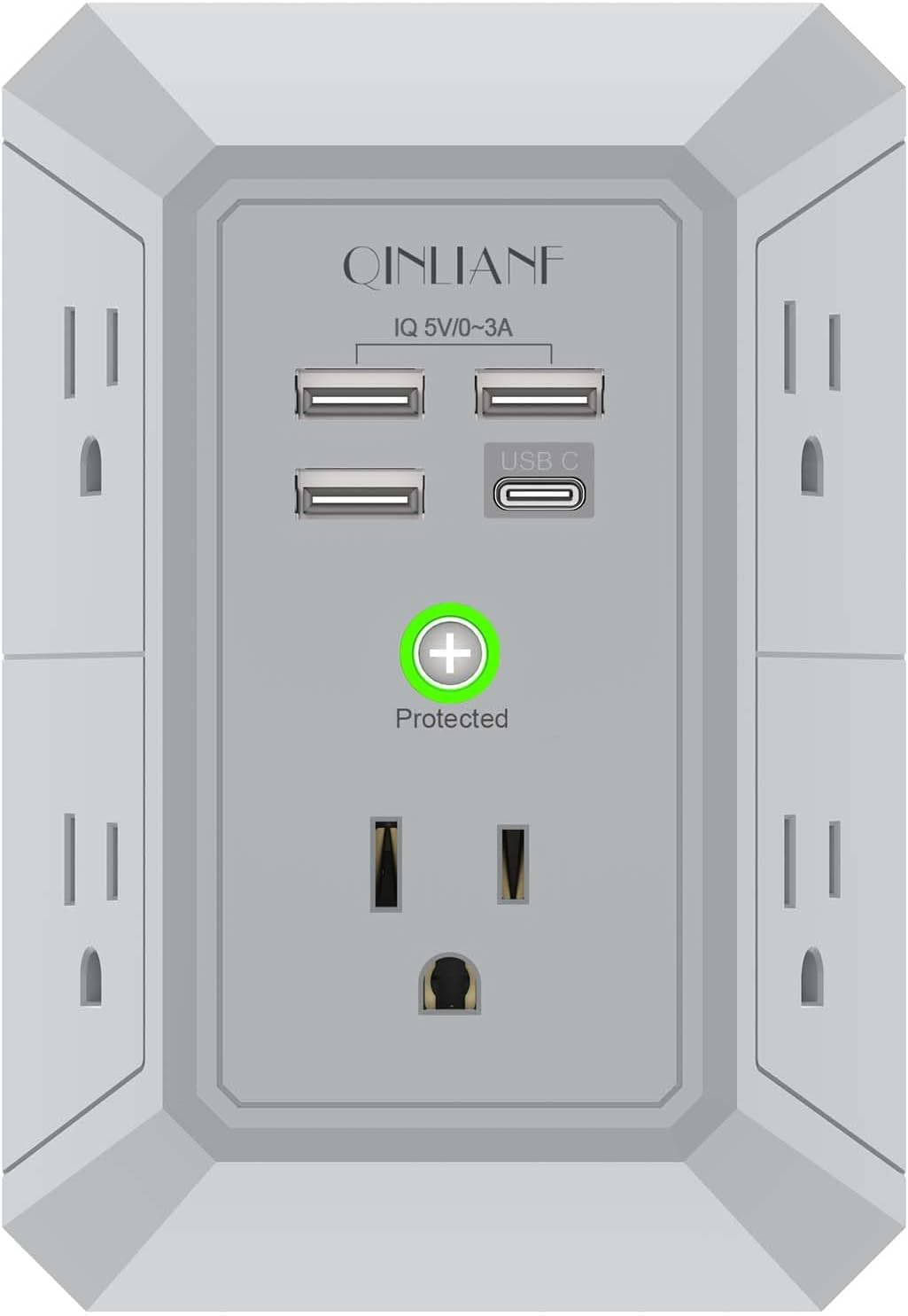 EXTENSIÓN ELÉCTRICA QINLIANF CON 5 TOMACORRIENTES Y 4 PUERTOS USB GRIS - 1