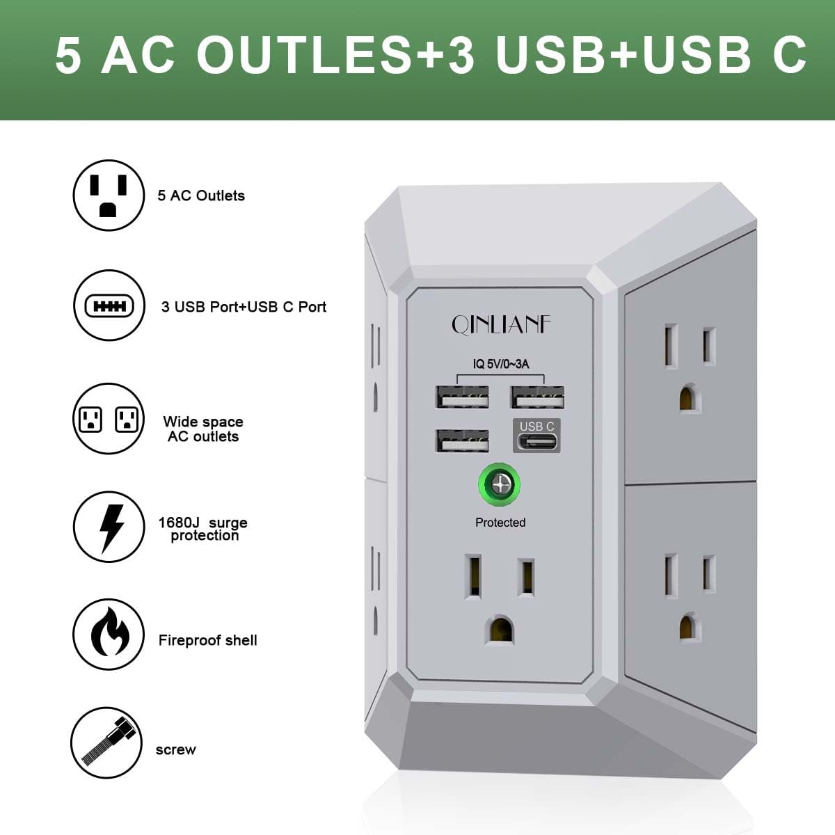 EXTENSIÓN ELÉCTRICA QINLIANF CON 5 TOMACORRIENTES Y 4 PUERTOS USB GRIS - 2