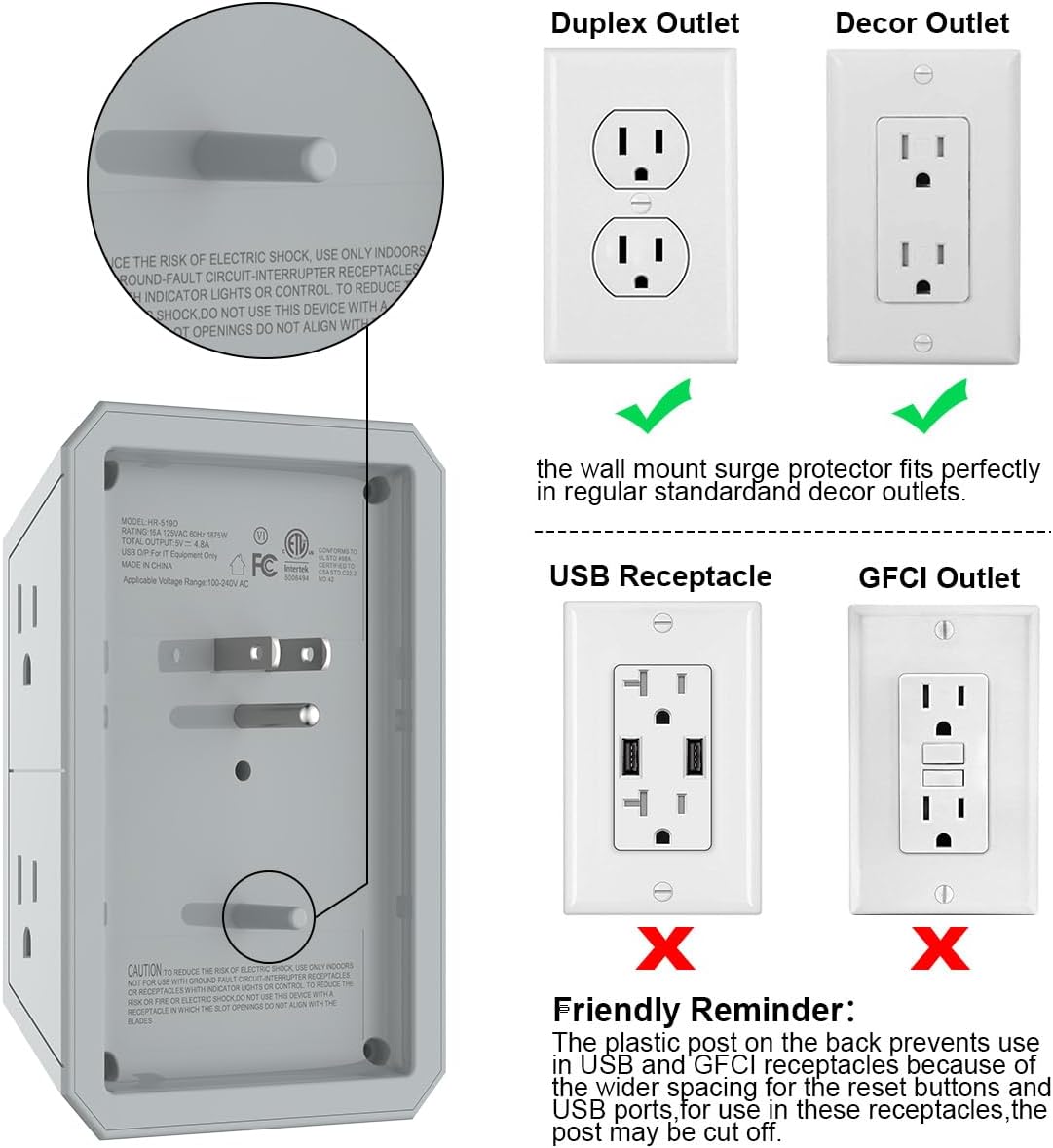 EXTENSIÓN ELÉCTRICA QINLIANF CON 5 TOMACORRIENTES Y 4 PUERTOS USB GRIS - 4