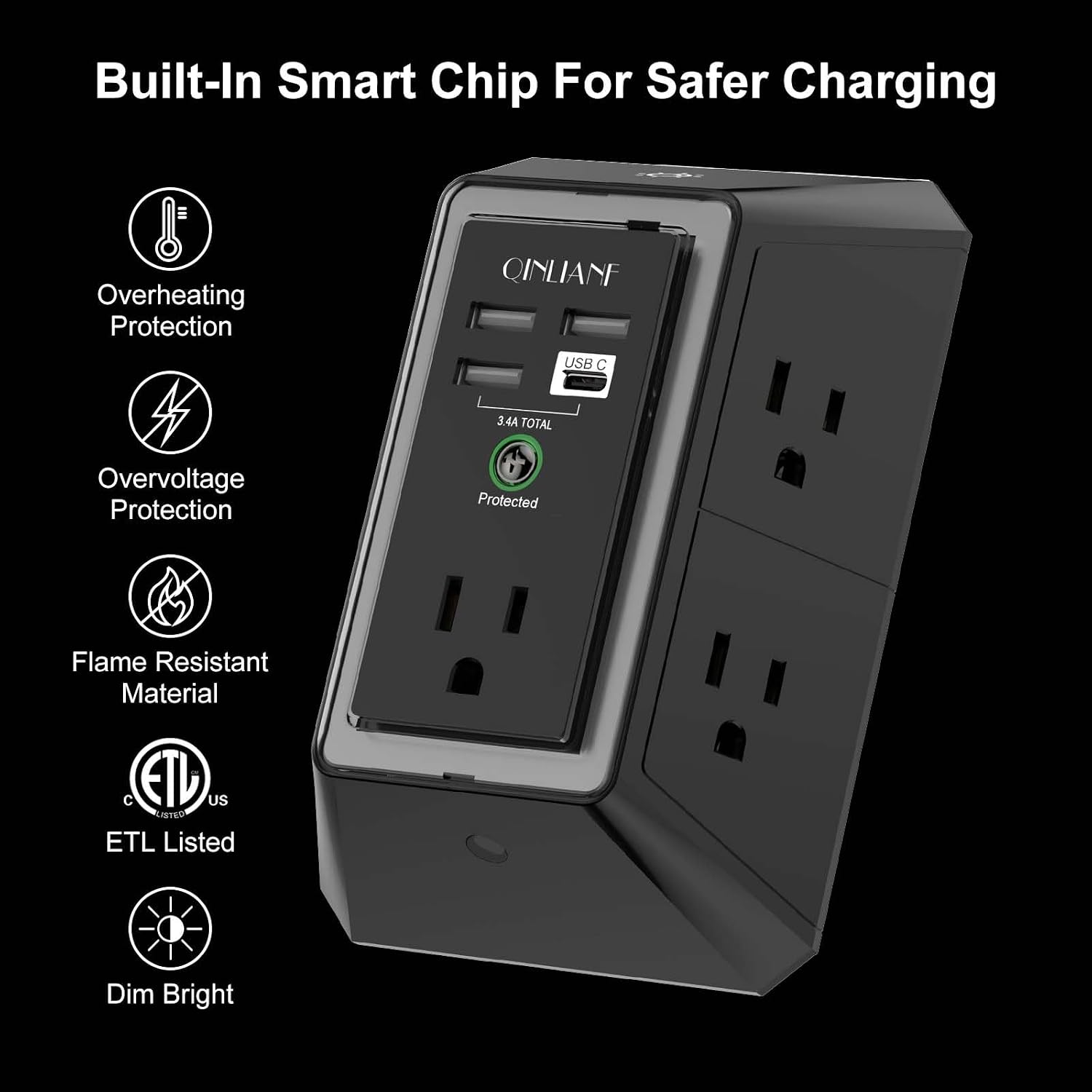 EXTENSIÓN ELÉCTRICA QINLIANF 5 TOMAS CON 4 PUERTOS USB Y PROTECTOR DE SOBRETENSIÓN - 2