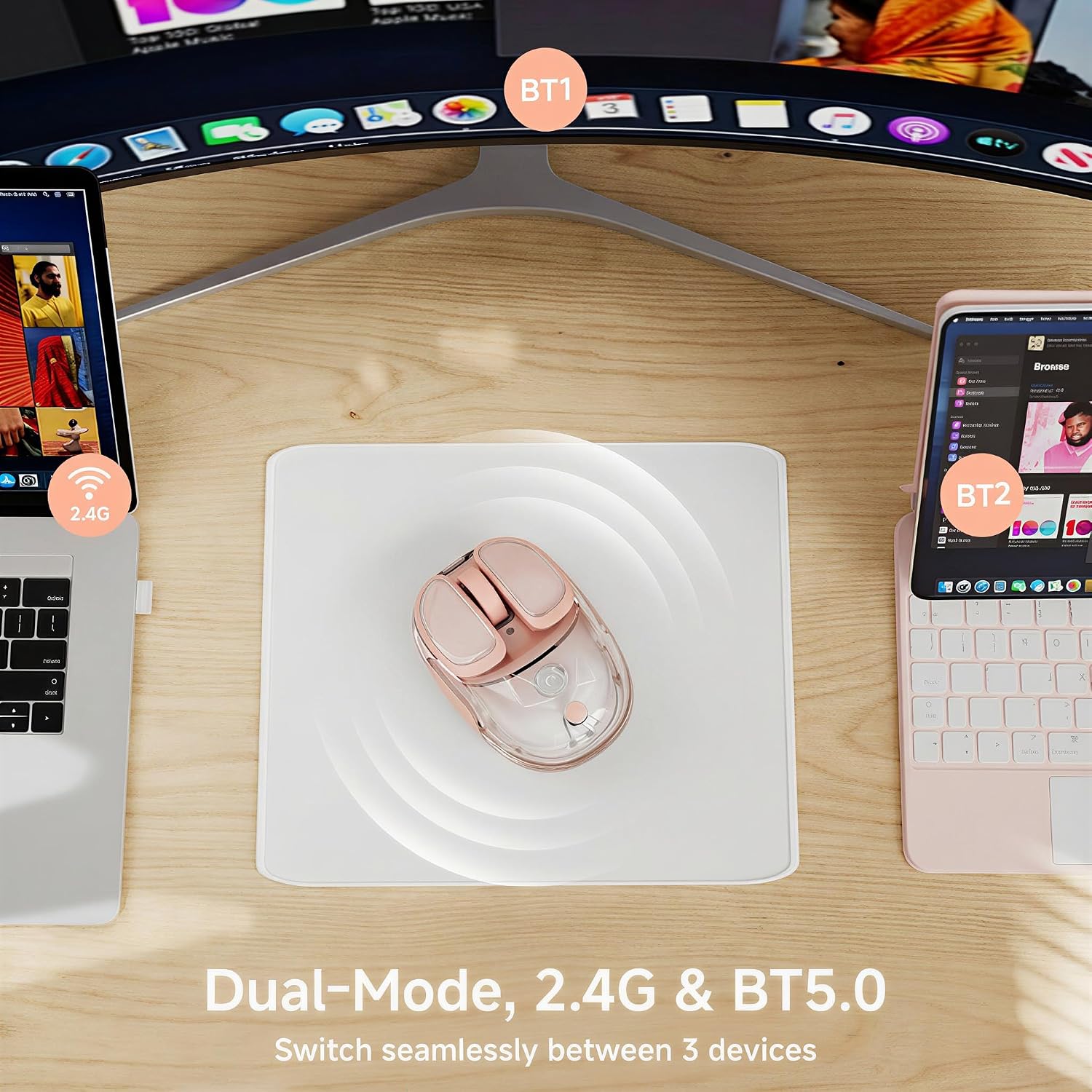 MOUSE INALÁMBRICO SEUNKWANG Q9 BLUETOOTH Y 2.4G DISEÑO TRANSPARENTE CON RGB - 2