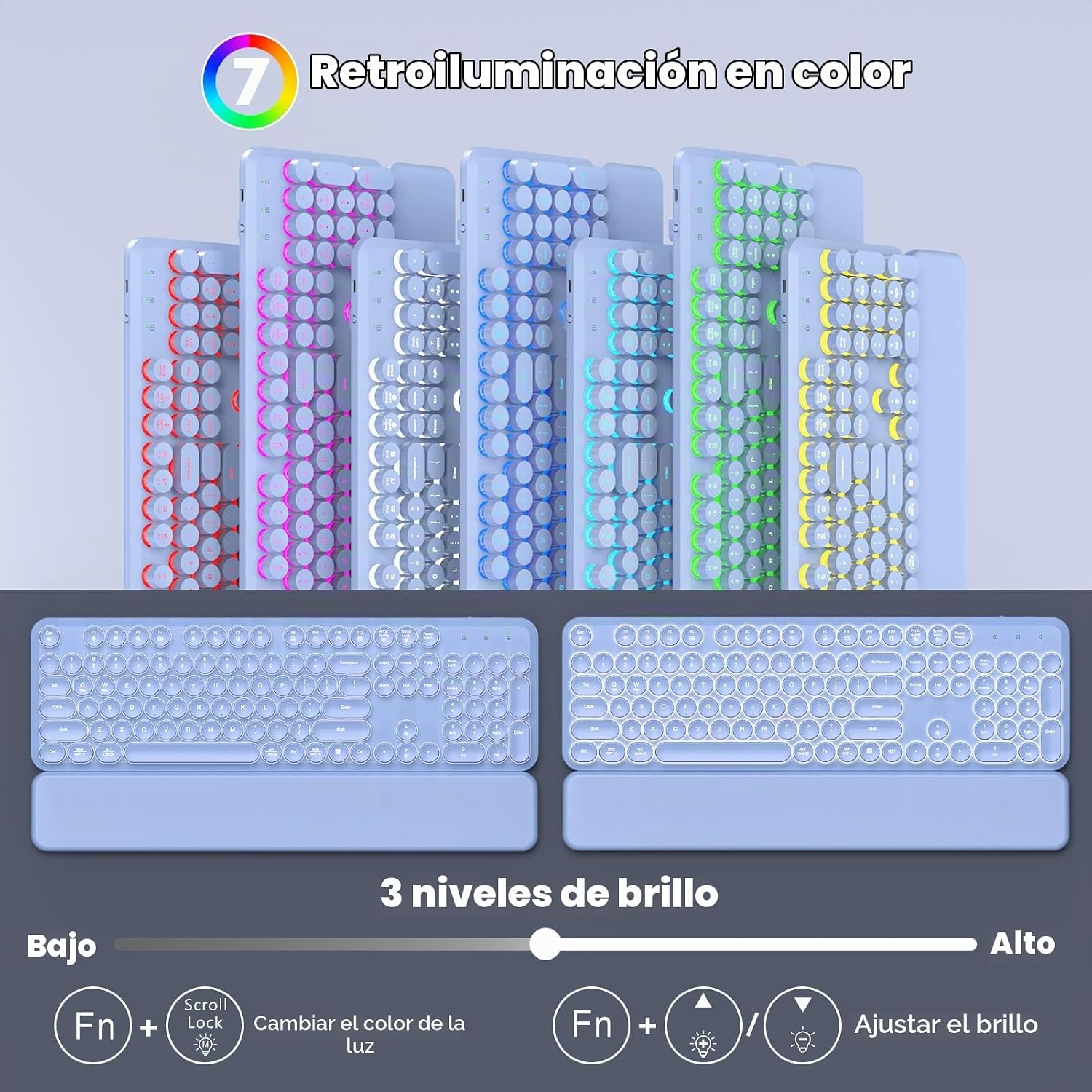 KIT INALÁMBRICO DE TECLADO Y MOUSE SABLUTE RETRO CON TECLAS REDONDAS Y LUZ MORADA - 2